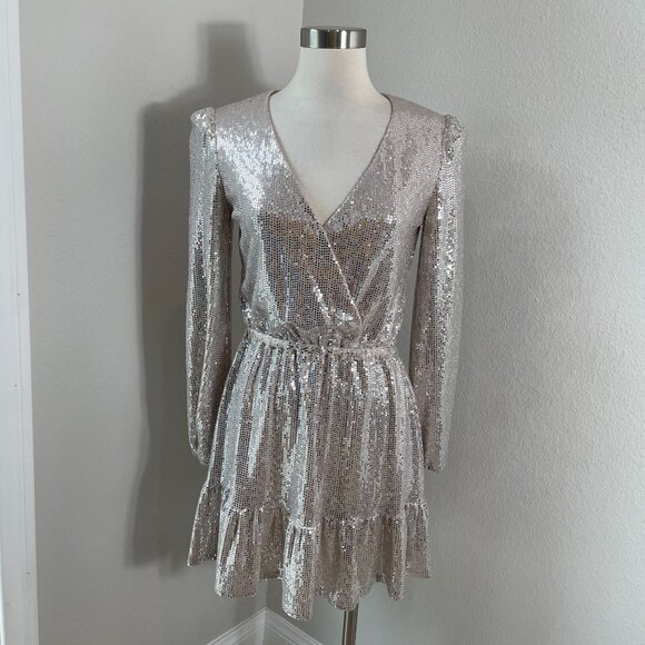 Betsy Adam Womens 2 Sequin Cocktail Mini Dress Silver Long Sleeve V Neck - Picture 1 of 9